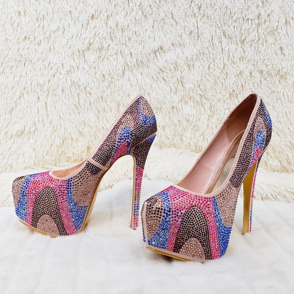 Nude Multi Rhinestone High Heel Platform Pumps - Picture 10 of 13